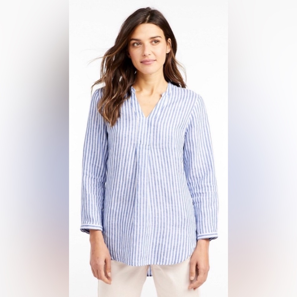 L.L.Bean Linen 100% Blue‎ White Striped Tunic Top Preppy Summer Coastal Beach L